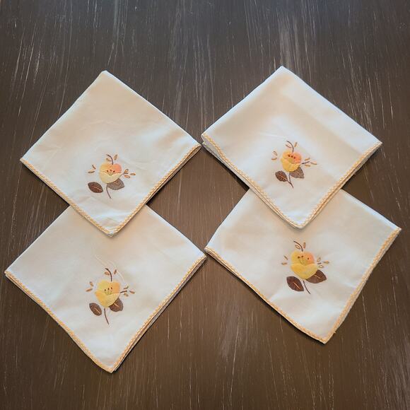 Set of 4 Vintage Hand-Embroidered Floral Table Napkins | 10" Fall Decor - Picture 1 of 9